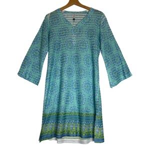 Whimsy Rose Tunic Dress Turquoise Flared 3/4 Sleeve Size L Art to Wear NWT